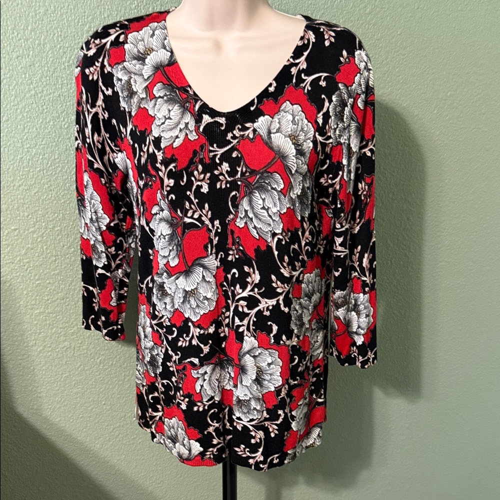 Chico's Black and Red Floral V-Neck Sweater